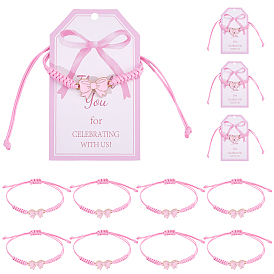 Alloy Enamel Bowknot Link Bracelets, Braided Polyester Cord Bracelets for Women, with Paper Gift Tags