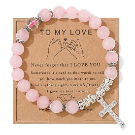 Natural Rose Quartz Round Beaded Stretch Bracelets, with Cross Metal Rhinestone Charms for Women Girls