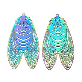 Ion Plating(IP) 201 Stainless Steel Etched Metal Embellishments Big Pendants, Cicada Charm