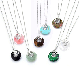 Mixed Gemstone Pendant Necklaces, with 304 Stainless Steel Findings, Flat Round with Tree