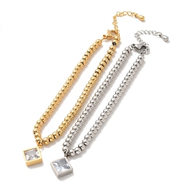 304 Stainless Steel Rhombus Charm Bracelet with Cubic Zirconia, 201 Stainless Steel Round Beads Bracelet for Women