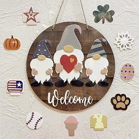 Printed Wooden Big Pendants, Wood Home Welcome Hanging Decorations with Rope, Replaceable Pattern, Round