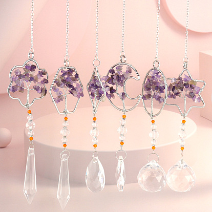 Crystals Hanging Pendants Decoration, with Natural Amethyst Chips and Alloy Findings, for Home, Garden Decoration