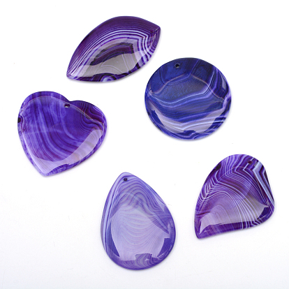 Mixed Shape Dyed Natural Striped Agate/Banded Agate Pendants, 45~67x33~47x4~7mm, Hole: 2mm