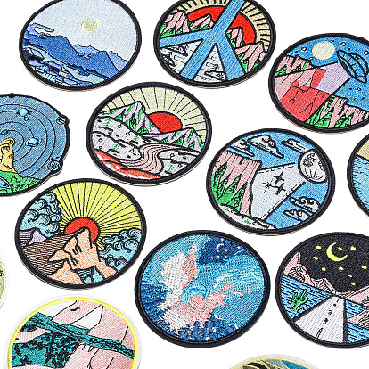 Scenery Pattern Flat Round Computerized Embroidery Cloth Iron on Patches, Stick On Patch, Costume Accessories, Appliques