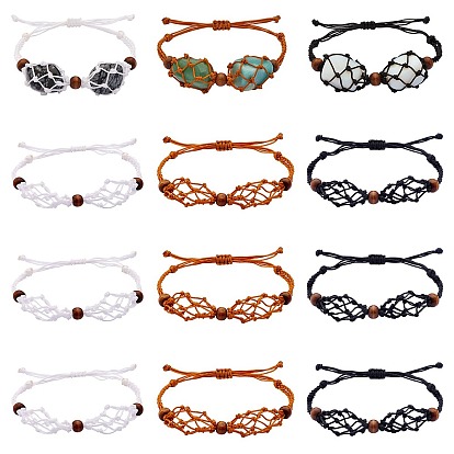 12Pcs Adjustable Braided Nylon Cord Macrame Pouch Bracelet Making, Interchangeable 2 Stones, with Natural Wood Beads