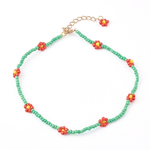 Undurchsichtige Perlenketten aus Glas, mit Alu-Karabiner Schnallen, Blume, golden
