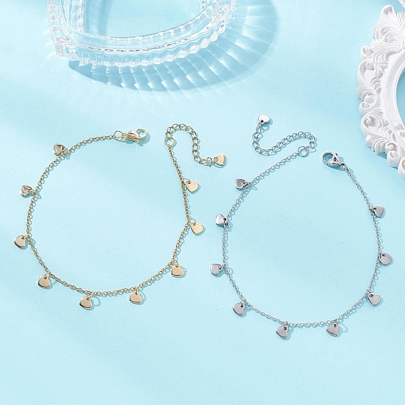 2 шт. 2 цвета 304 цепочки из нержавеющей стали на лодыжку с 201 подвесками в виде сердечек из нержавеющей стали для женщин