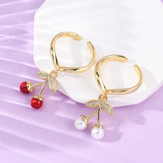 Открытые манжеты из латуни с микропаве и цирконием для женщин, вишня, с пластмассовой жемчужиной abs, стойки покрытие, прочное покрытие, без кадмия и без свинца, реальный 18 k позолоченный