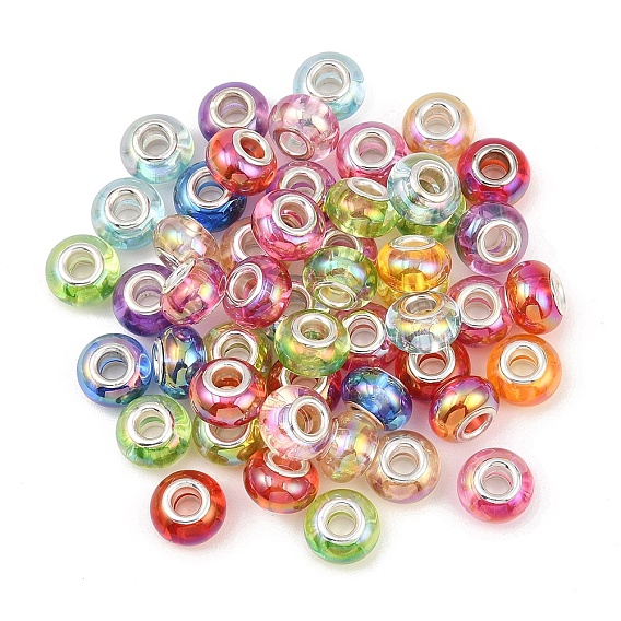 50Pcs UV Plating Resin European Beads, Rondelle Large Hole Beads, with Platinum Tone Alloy Double Cores