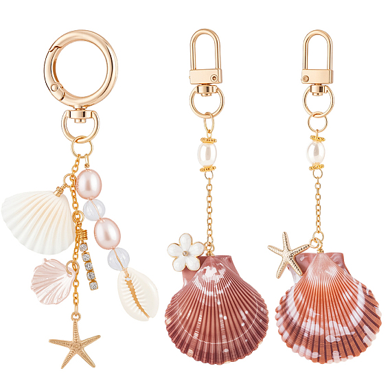 3 шт. 3 стили подвесные украшения из натуральных ракушек, натурального жемчуга и смолы, с железной цепочкой и поворотными застежками из сплава, золотые