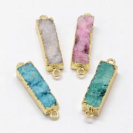 Electroplated Natural & Dyed Druzy Agate Links Connectors, with Golden Plated Brass Findings, Rectangle