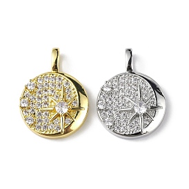 Rack Plating Brass Micro Pave Cubic Zirconia Pendants, Flat Round with Star Charm, Cadmium Free & Lead Free, Long-Lasting Plated