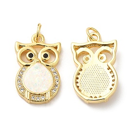 Rack Plating Brass Micro Pave Clear Cubic Zirconia Pendants, with Resin Imitation Opal, Cadmium Free & Lead Free, Long-Lasting Plated, Owl