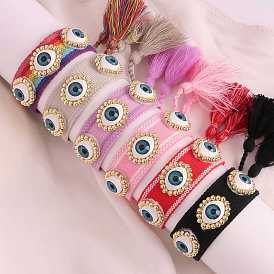 Богемные браслеты из латуни и смолы, регулируемые браслеты из плетеного шнура из полиэстера для женщин, сглаз и кисточка, реальный 18 k позолоченный