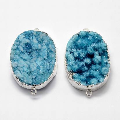 Electroplated Natural & Dyed Druzy Agate Links Connectors, with Silver Color Plated Brass Findings, Oval