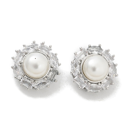 Стойка покрытие латунные микропаве прозрачные кубические циркониевые кнопки, с ABS имитации жемчуга, долговечный, без свинца и без кадмия, плоско-круглые, 1-луночное