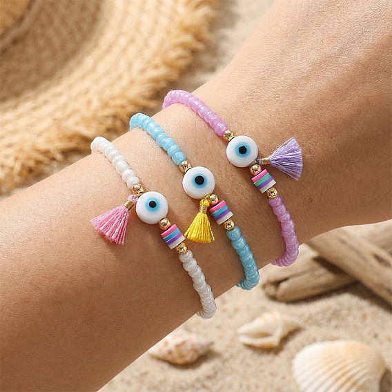 Браслеты из стеклянного бисера, имитирующие оберег от сглаза, на резинке, браслеты с кисточками и подвесками для женщин