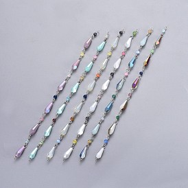 Handmade Faceted Electroplate Glass Beaded Chains, Unwelded, with Cat Eye Beads and 304 Stainless Steel Eye Pin