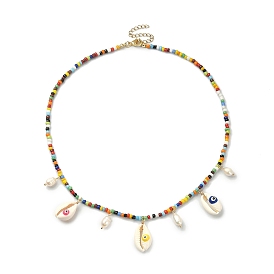 Ожерелье-нагрудник из натуральной ракушки и жемчуга с цепочками из стеклянных бусин