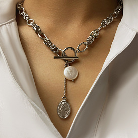 Ожерелья из нержавеющей стали с подвесками в виде овальной Девы Марии и плоской круглой барочной натуральной пресноводной жемчужины