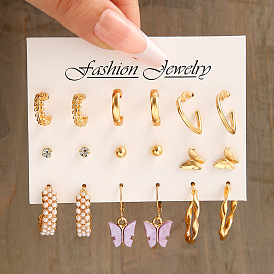 Retro Pearl Earrings Set with Butterfly Design - 9 Pieces Fashionable Ear Accessories
