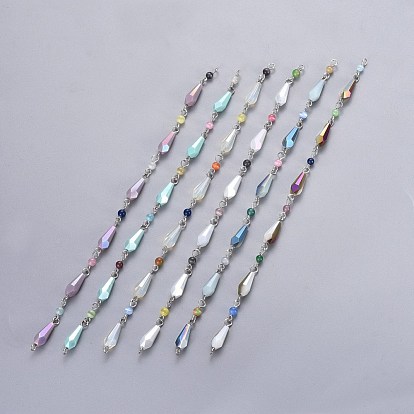 Handmade Faceted Electroplate Glass Beaded Chains, Unwelded, with Cat Eye Beads and 304 Stainless Steel Eye Pin