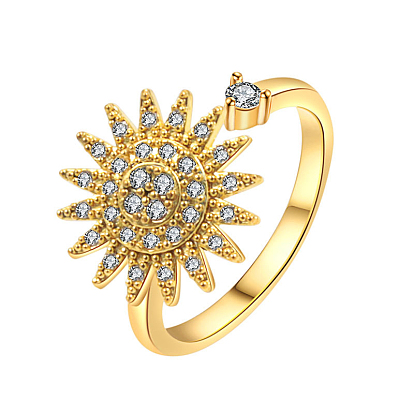 Flower Rotatable Open Cuff Ring Ring for Women, Brass Micro Pave Clear Cubic Zirconia Fidget Spinner Rings