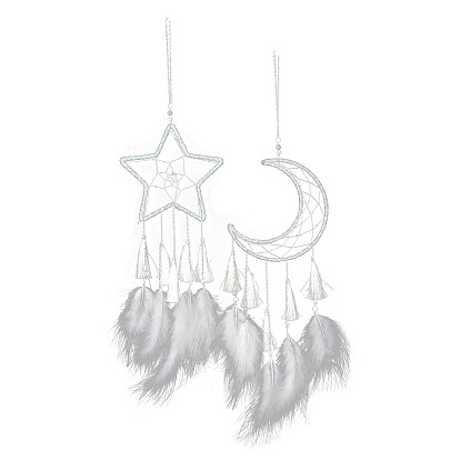 Filet/toile tissé avec plume avec fer, décoration murale artisanale pour la maison, la lune et les étoiles