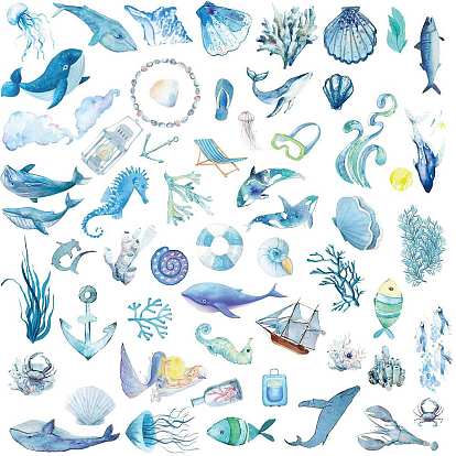 PVC Waterproof Sticker Labels, Self-adhesive Decals, for Suitcase, Skateboard, Refrigerator, Helmet, Mobile Phone Shell, Sea Animals & Boat & Beach Chair, Ocean Themed Pattern
