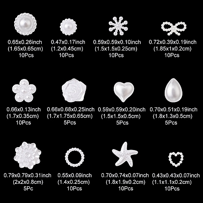 100Pcs 12 Styles ABS Plastic Imitation Pearl Cabochons, Flower/Heart/Teardrop/Starfish/Bowknot/Ring