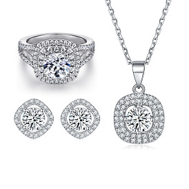 Square Ring Necklace Earrings Set in S925 Silver for Women - Unique Design, Versatile Style