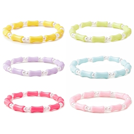 6Pcs 6 Color Bamboo Stick Acrylic & ABS Plastic Pearl Beaded Stretch Bracelets Set, Stackable Bracelets for Kids