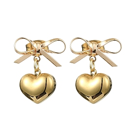 Brass Bowknot with 304 Stainless Steel Heart Dangle Stud Dangle Earrings