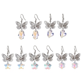 Boucles d'oreilles pendantes en laiton platine et papillon en filigrane, boucles d'oreilles en verre