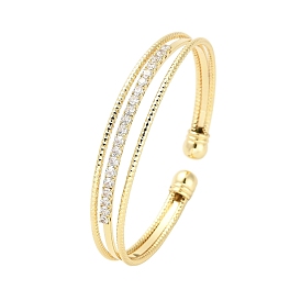 Brass Micro Pave Clear Cubic Zirconia 3-Line Open Cuff Bangles for Women