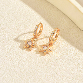 Brass Micro Pave Cubic Zirconia Star Hoop Dangle Earrings for Women