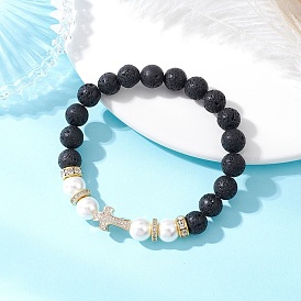 Браслеты из натуральных жемчужин из лавы и ракушек, круглые бусины, Браслеты из латунных бусин-крестов с микропаве из кубического циркония для женщин