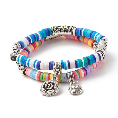 Handmade Polymer Clay Heishi Beads Stretch Bracelets Set, Flower and Shell Alloy Charm Bracelets for Women