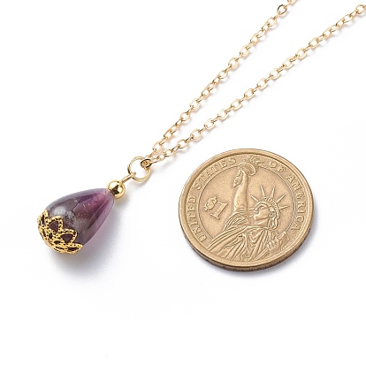Collier pendentif en forme de larme d'améthyste naturelle, bijoux en laiton plaqué or pour femme