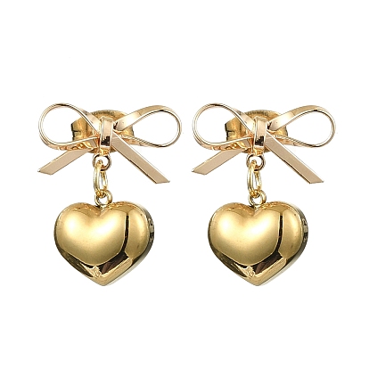 Brass Bowknot with 304 Stainless Steel Heart Dangle Stud Dangle Earrings