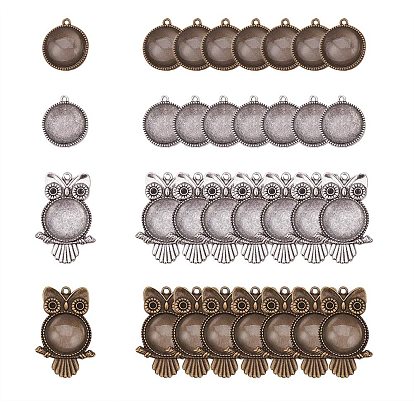 DIY Pendant Making, with Clear Glass Cabochons and Alloy Pendant Cabochon Settings, Owl and Flat Round