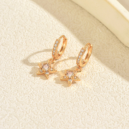 Brass Micro Pave Cubic Zirconia Star Hoop Dangle Earrings for Women