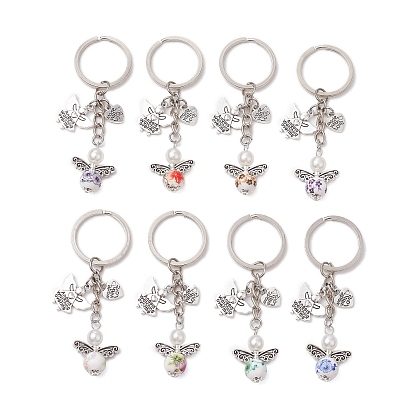 Брелок из фарфора и стекла с жемчугом и сплавом, с железным кольцом, ангел