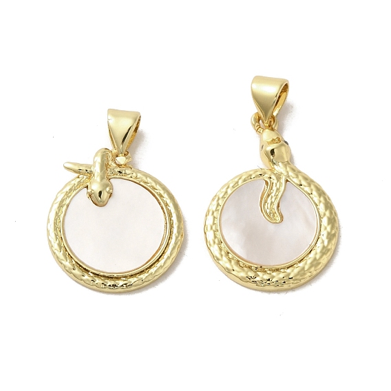 Brass Pave Shell Pendants, Flat Round Charms with Snake