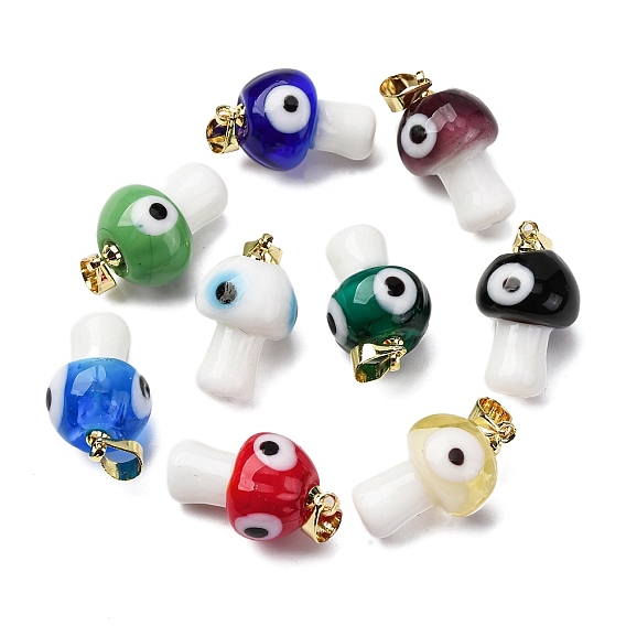 Подвески лэмпворк ручной работы, гриб с глазом, с реечной накладкой из латуни с золотистым напылением, долговечный, золотые