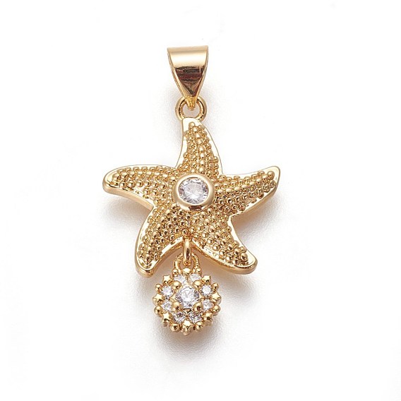 Brass Micro Pave Cubic Zirconia Pendants, Starfish/Sea Stars