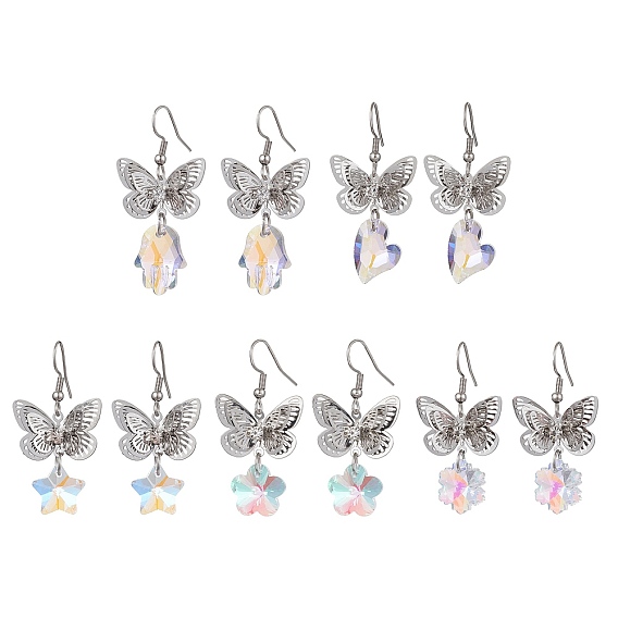 Filigree 3D Butterfly Platinum Brass Dangle Earrings, Glass Drop Earrings