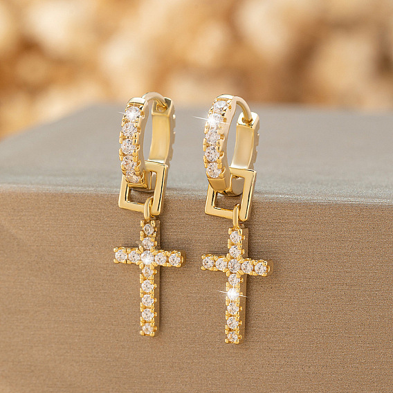 Brass Micro Pave Cubic Zirconia Hoop Dangle Earrings, Cross