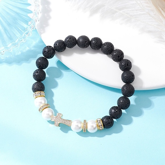 Браслеты из натуральных жемчужин из лавы и ракушек, круглые бусины, Браслеты из латунных бусин-крестов с микропаве из кубического циркония для женщин